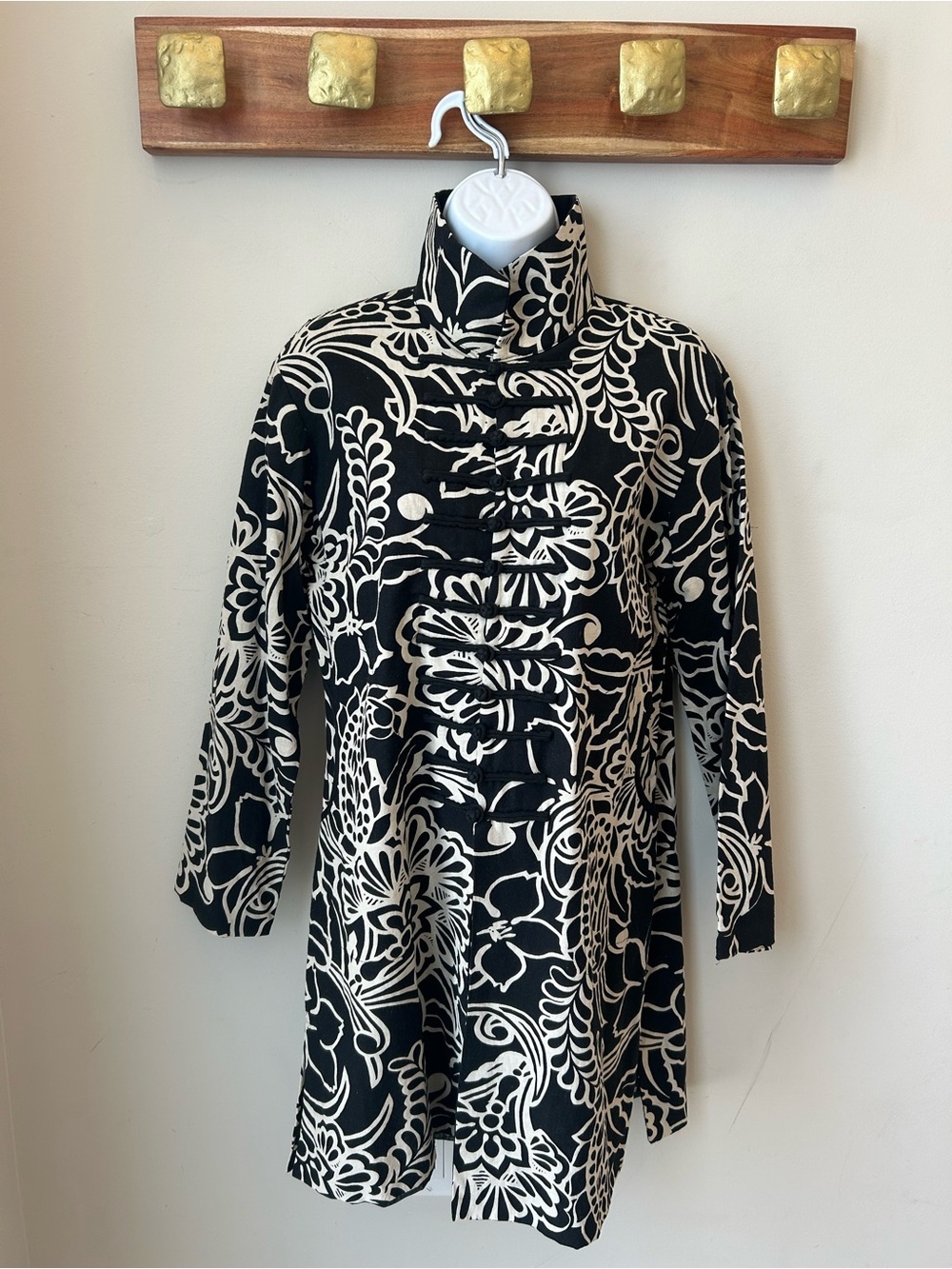 Black & White Frog Closure Jacket Art Nouveau Floral Print Statement piece
